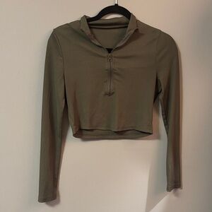 green quarter Zip Long Sleeve Crop Top